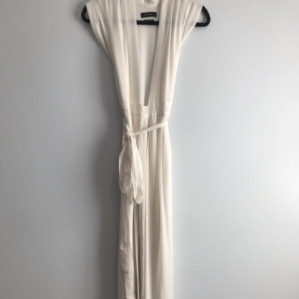 Isabel Marant white deep neck belt tie gown